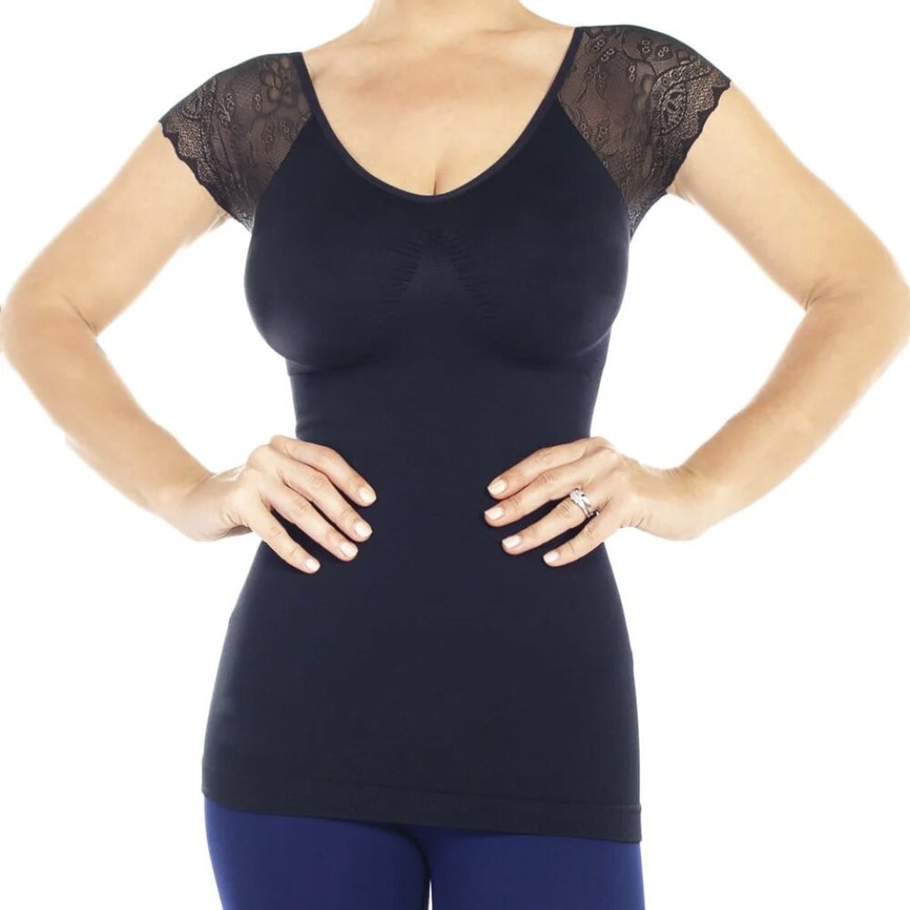 Rhonda Shear Seamless Shaping Tee with Lace Sleeves Black 1X